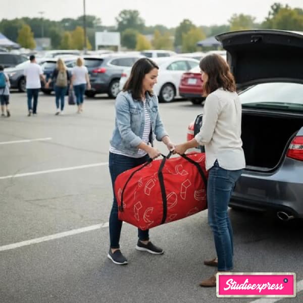 łatwy wyładunek namiotu dmuchanego igloo premium przez dwie kobiety ze sedana